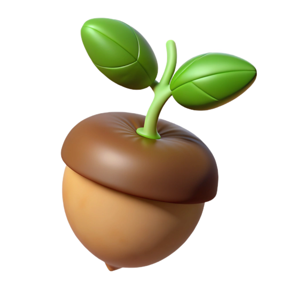 radiant modern Hyper-specific professional render of a single, sprouting acorn with visible root and emerging stem Isolated cutout with Transparent Background detailed png