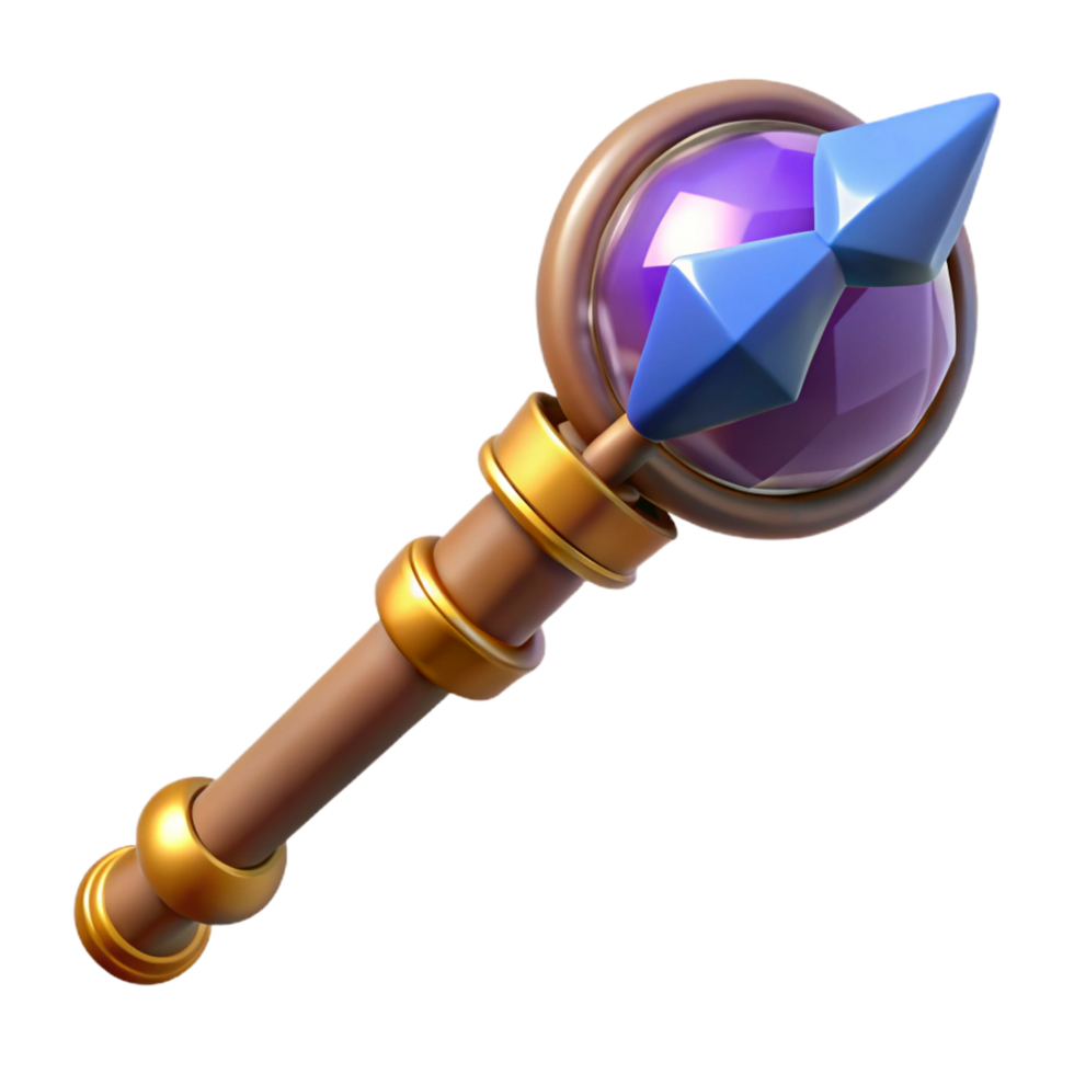 reflective dramatic A powerful wizard staff topped with a pulsating crystal orb with Transparent Background expertly shot png