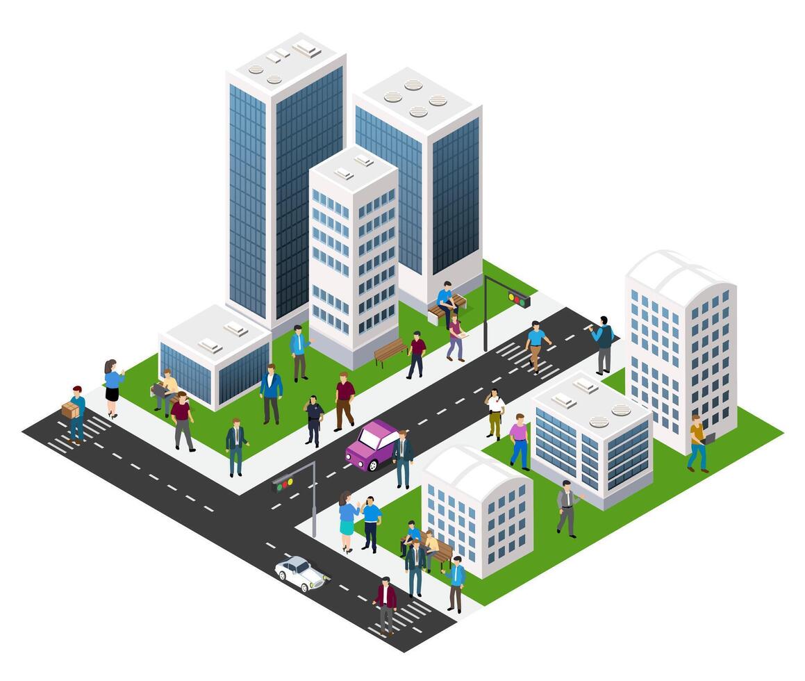 Isometric city with people and cars on the street vector
