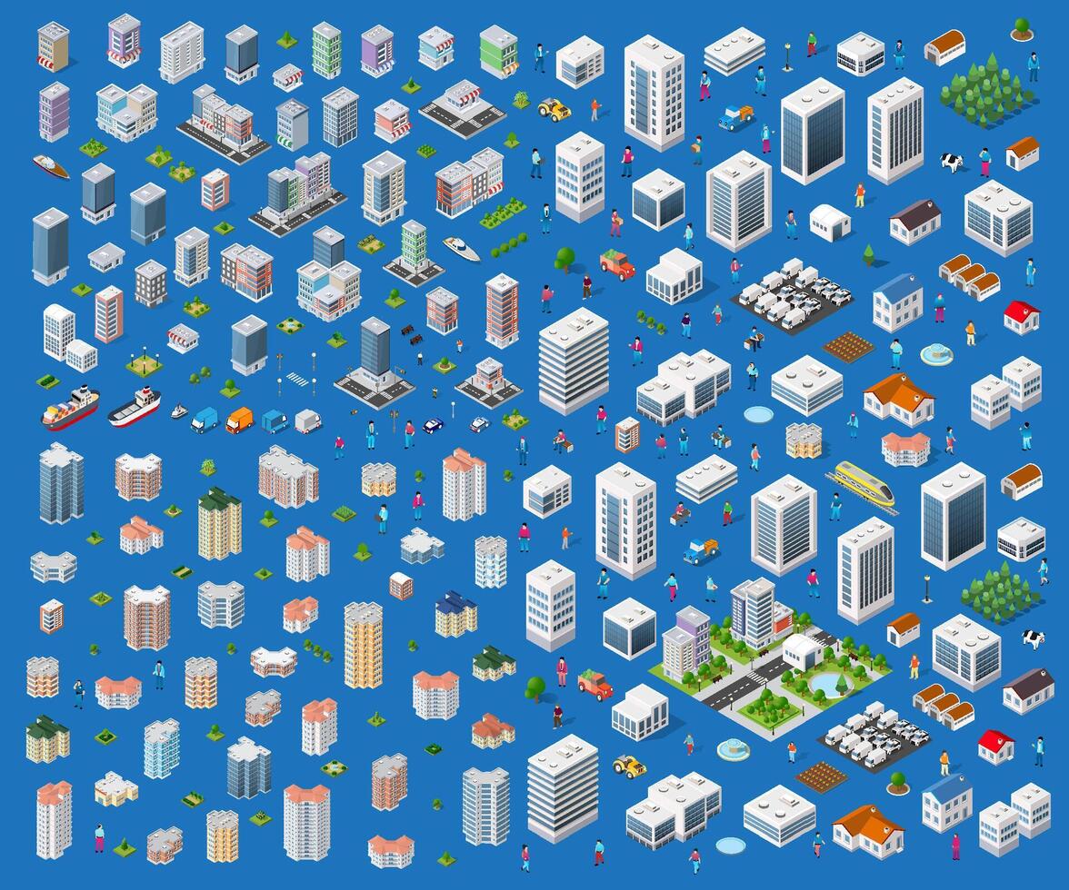 Isometric city set of buildings, roads, trees and other elements vector