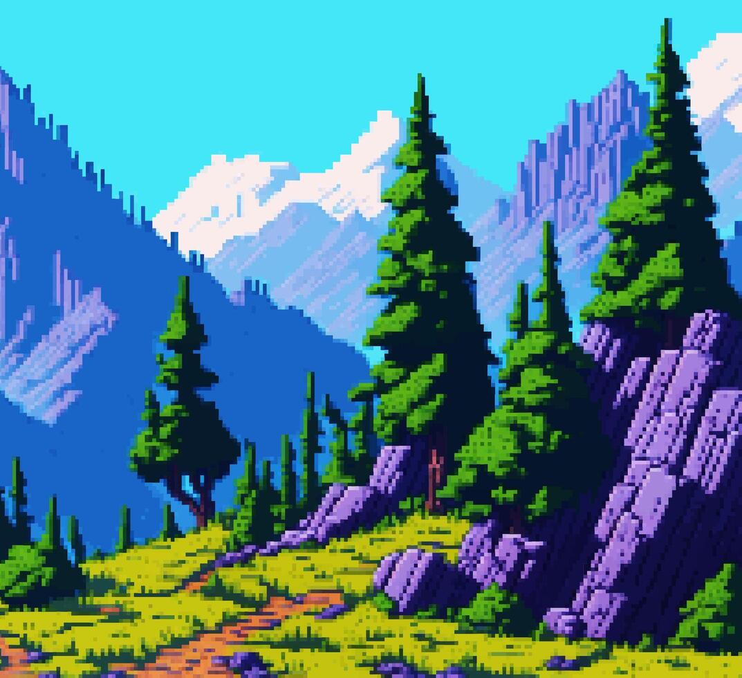 Pixel art of a mountain landscape vector