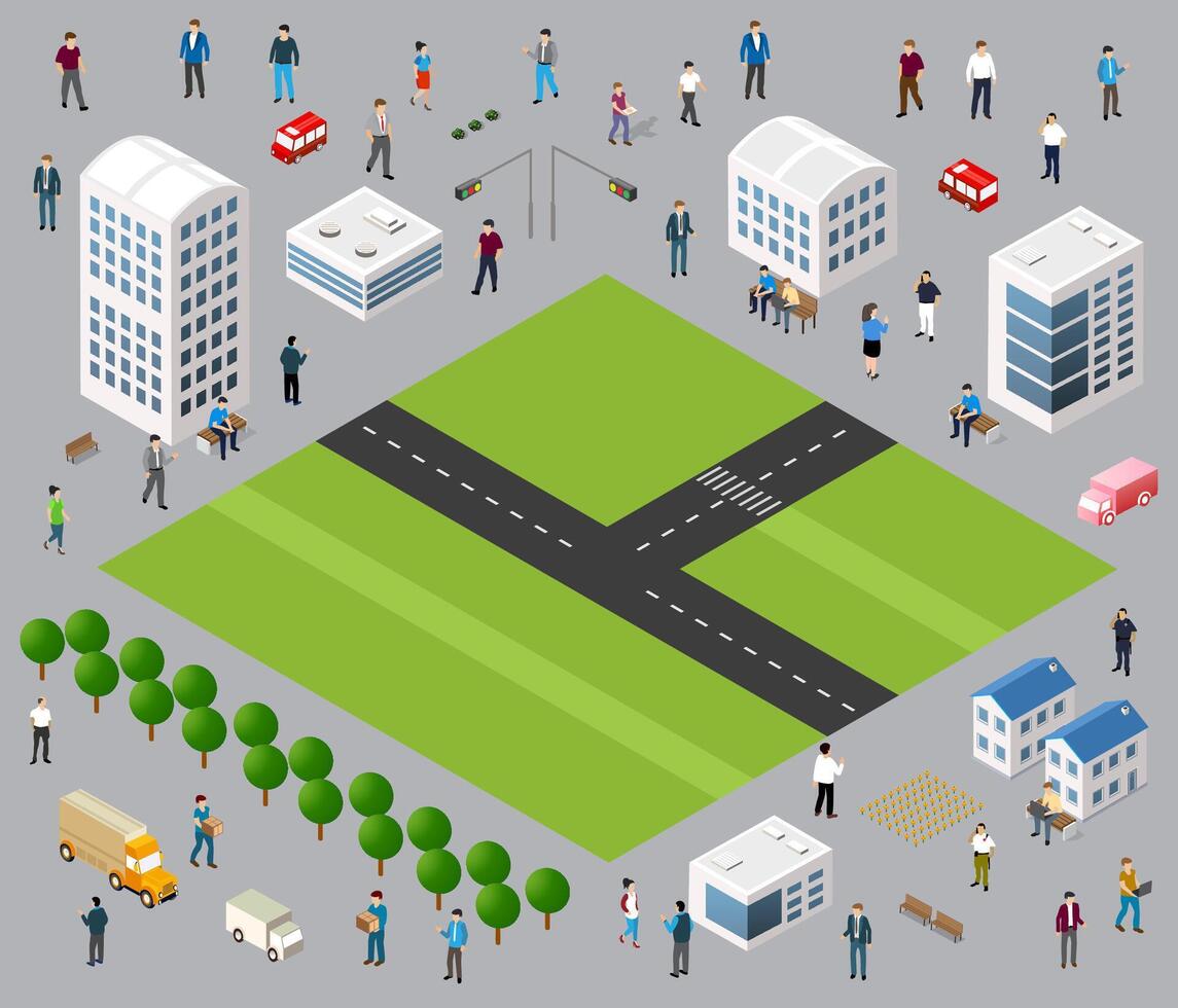 Isometric city set with people and cars on the road vector