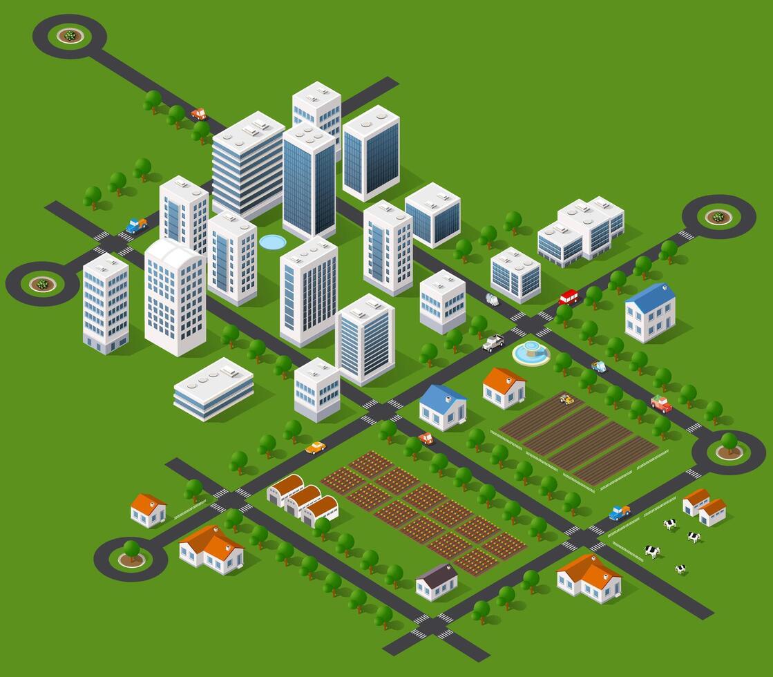 Isometric city with buildings, roads and trees vector