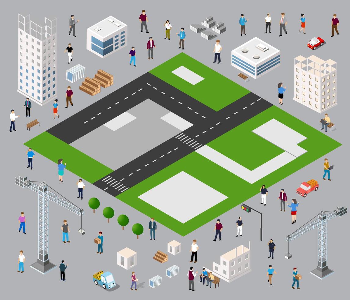 Isometric construction workers and buildings illustration vector