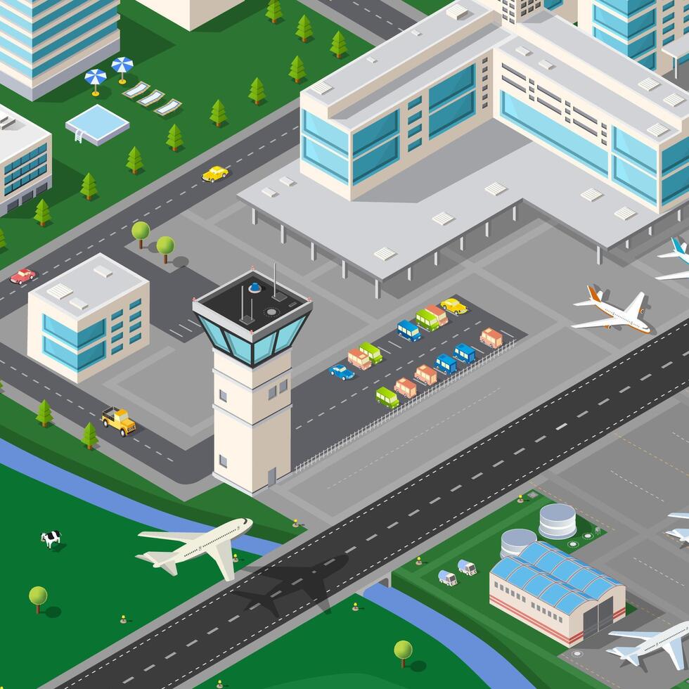 An airport with a plane and a car vector