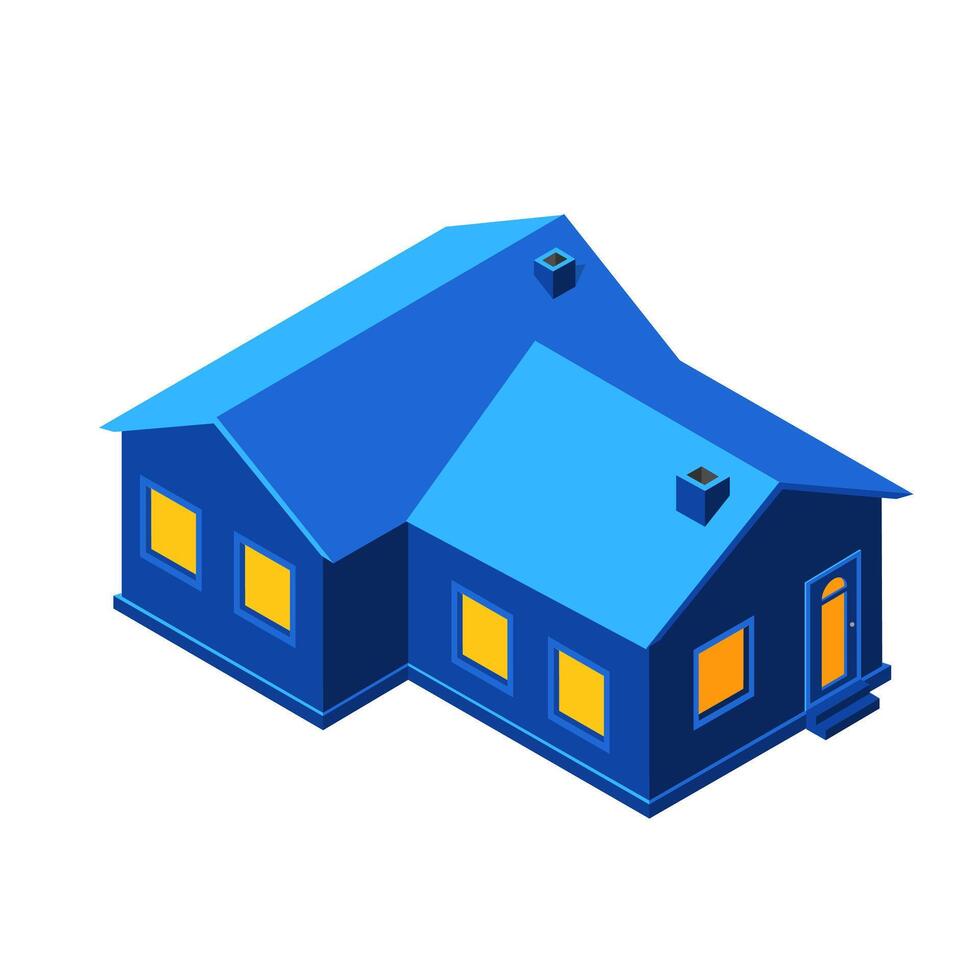 A blue house with yellow windows and a chimney vector