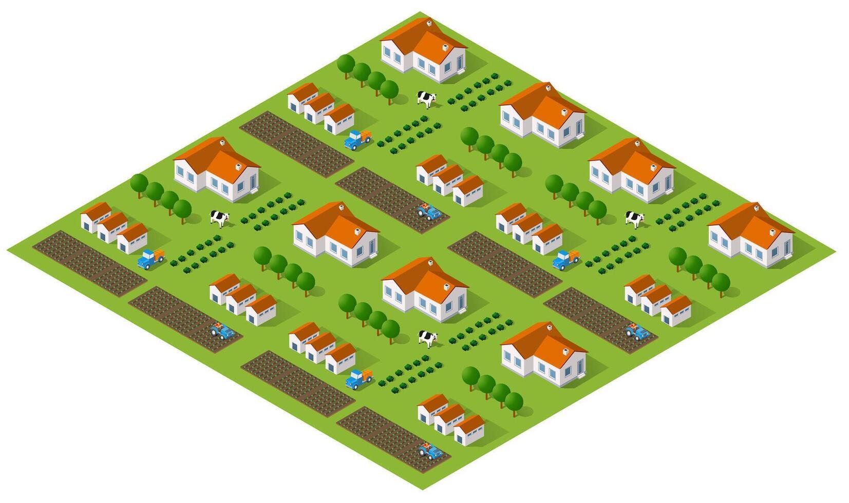 Isometric illustration of a village with houses and trees vector