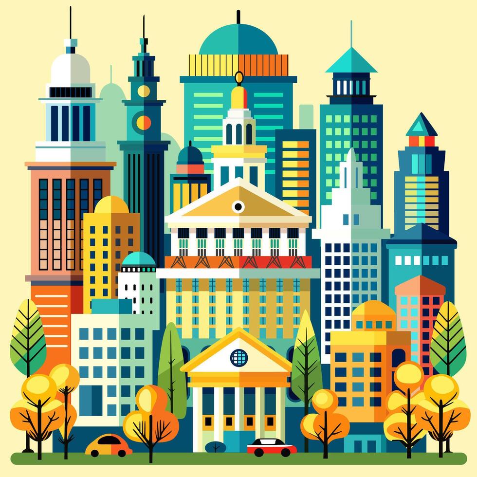 A city with buildings and trees in flat style vector