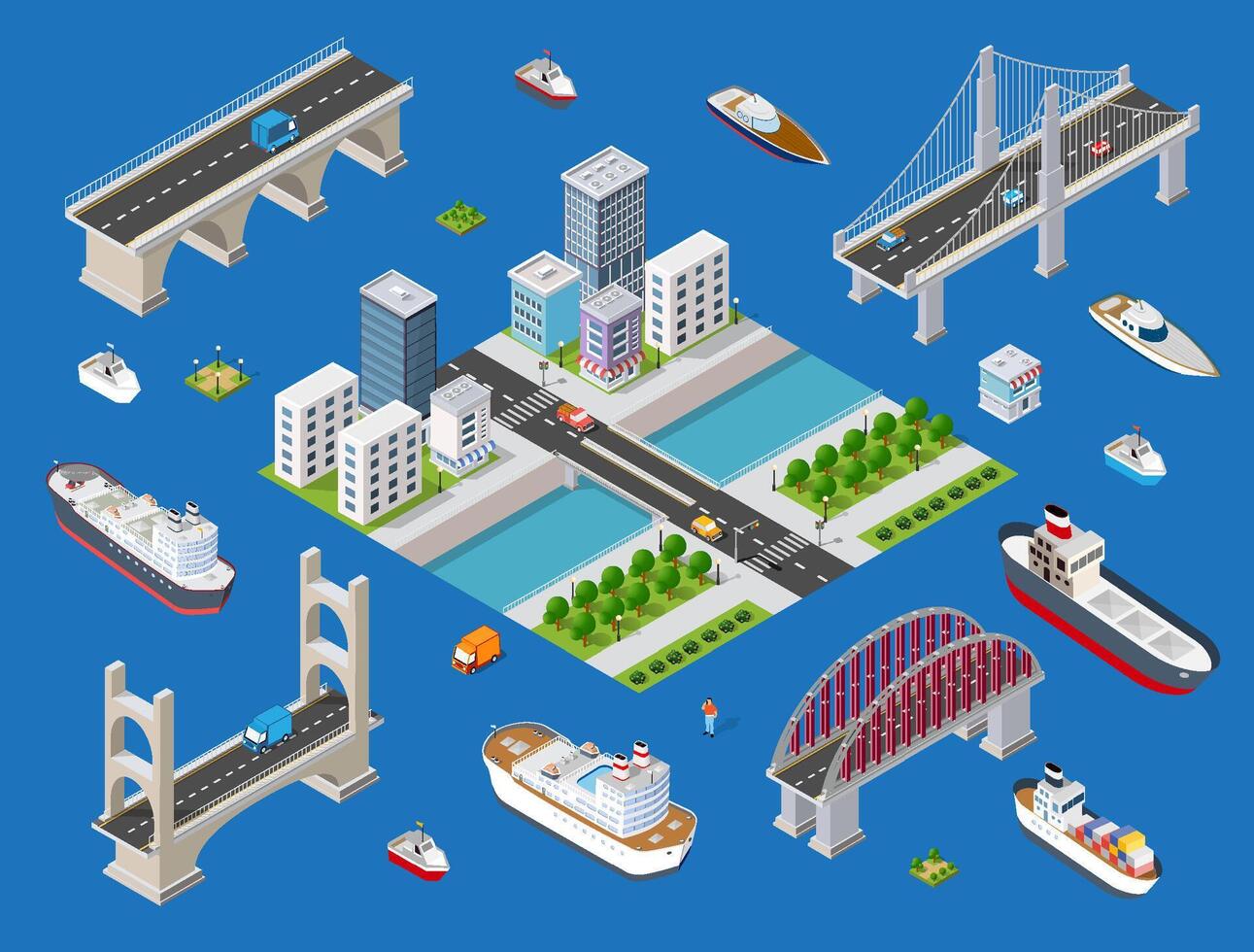 Isometric city and bridge with ships and cars vector