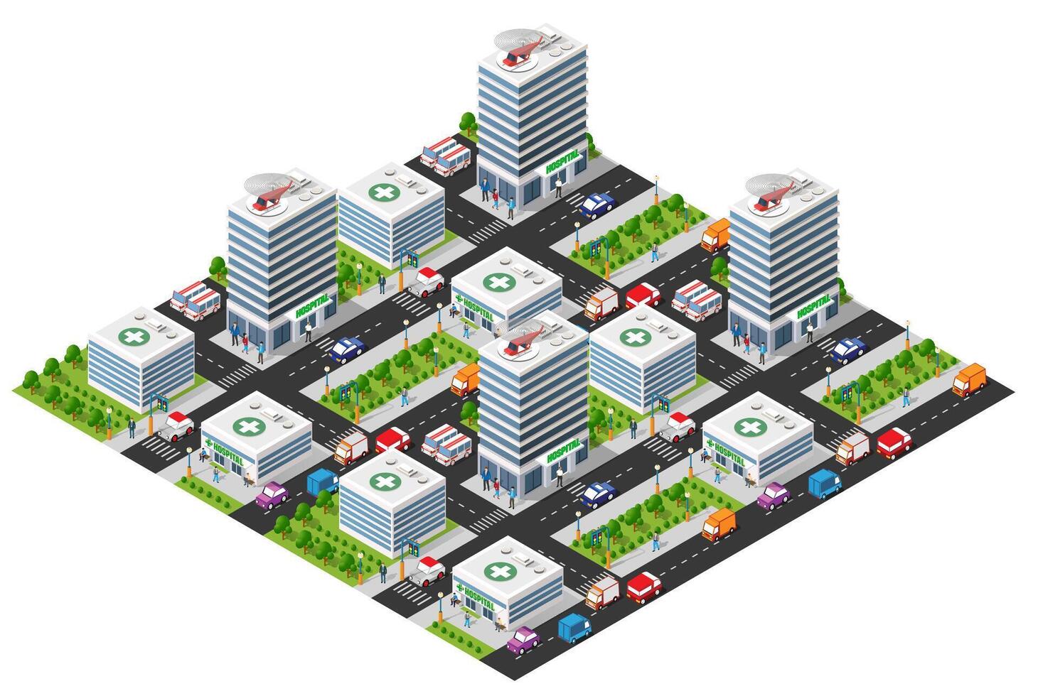 Isometric city with traffic lights and buildings vector