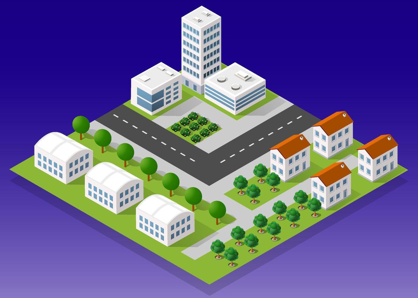 Isometric city with houses, trees and a road vector
