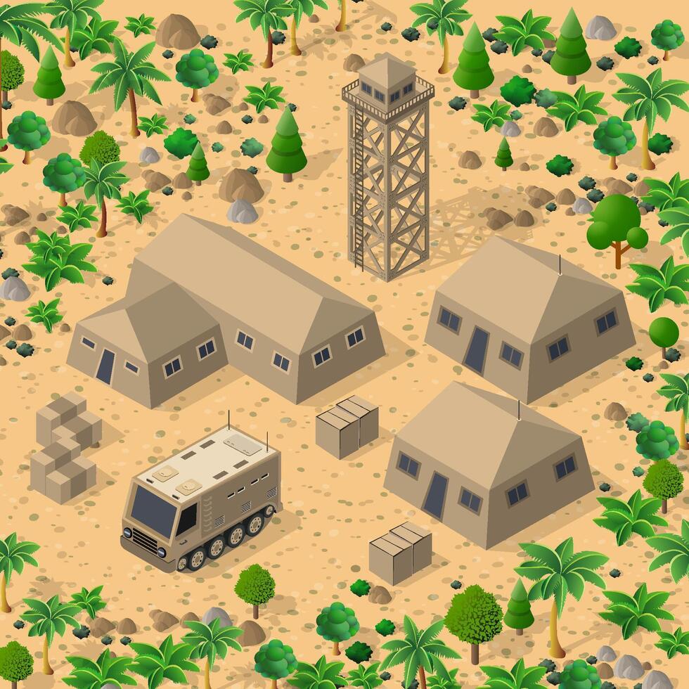 Isometric illustration of military camp, desert, and trees vector