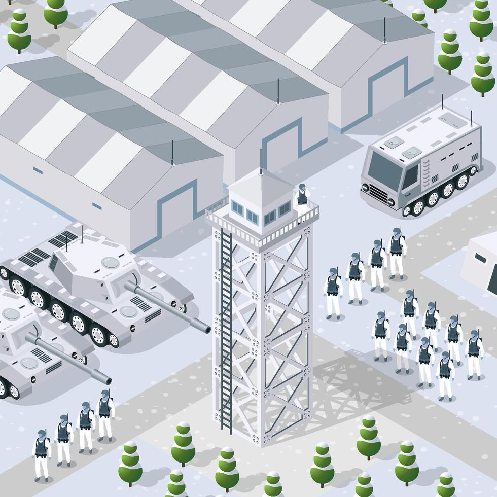 An illustration of a military base with tanks and soldiers vector