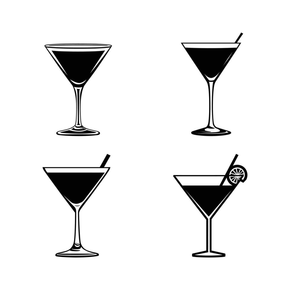 Four different martini glasses on a white background vector