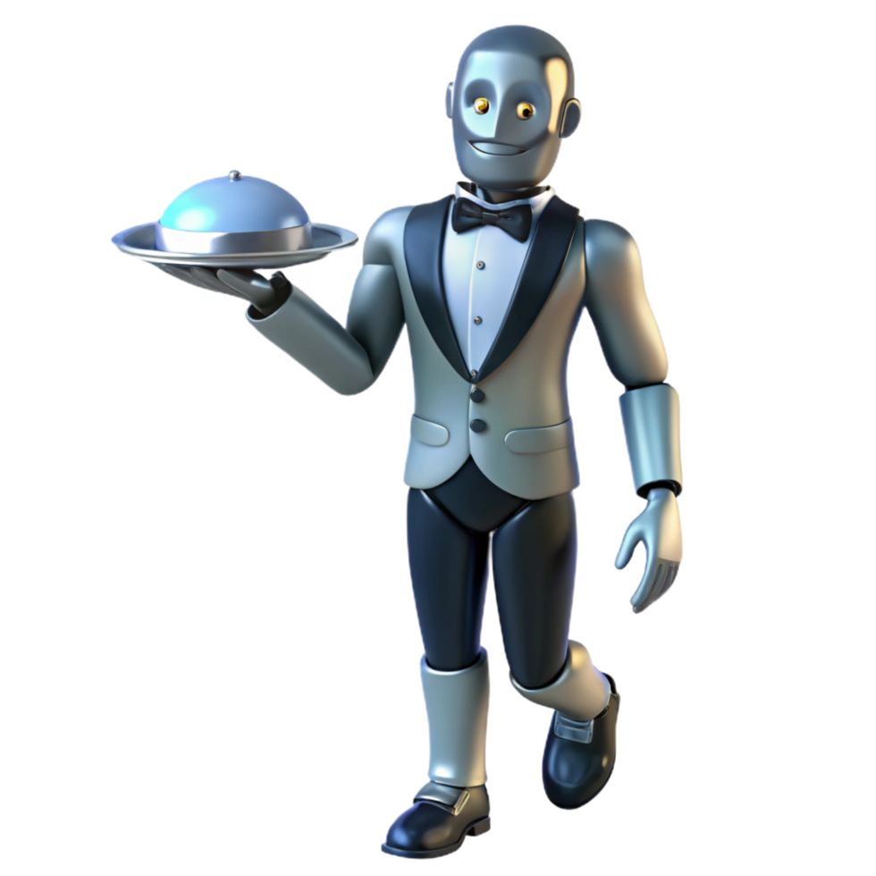 timeless victorian Ultra-detailed, concept art style illustration of a levitating art deco-inspired robotic butler holding a silver tray, isolated cutout with Transparent Background gallery standard png
