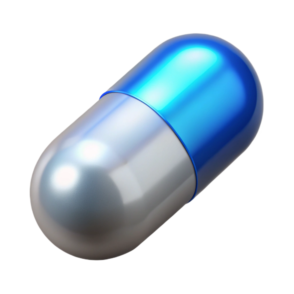 wonderful celebrated Isolated cutout, photorealistic, ultra-detailed A single, gleaming silver pill with a glowing blue core with Transparent Background png
