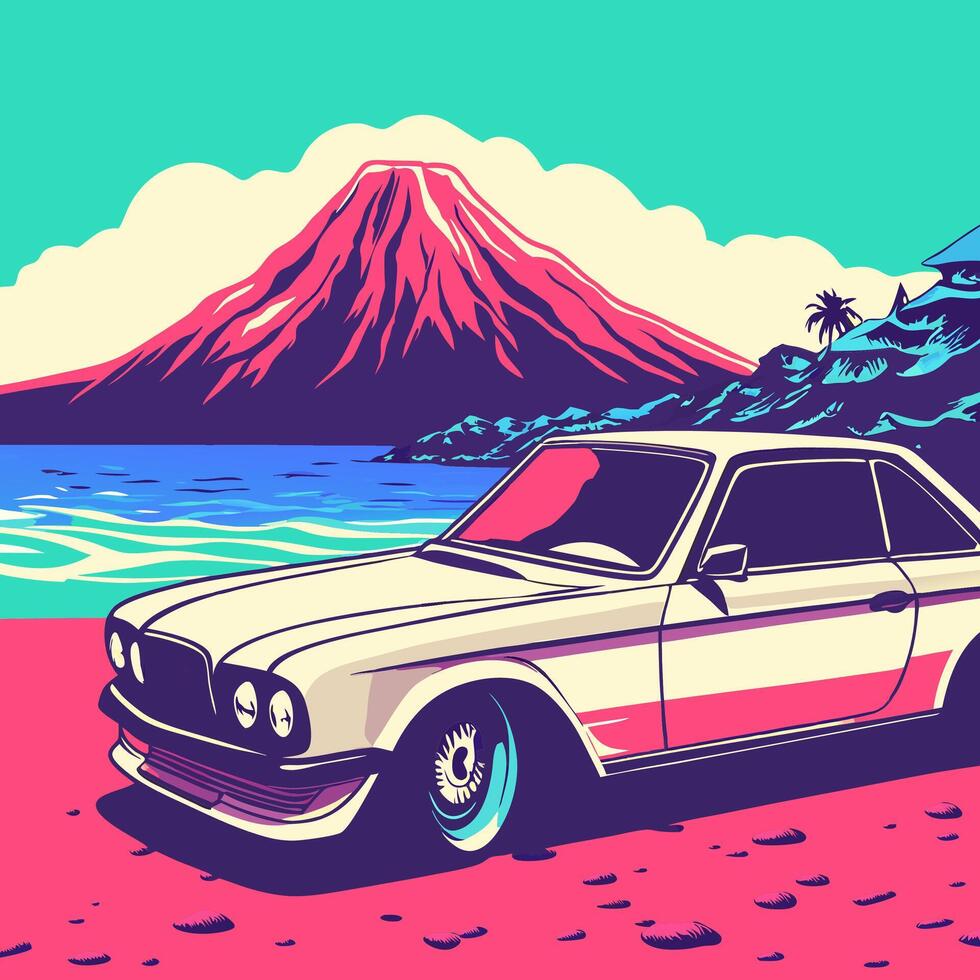 Classic Car by the Beach, Mount Fuji vector