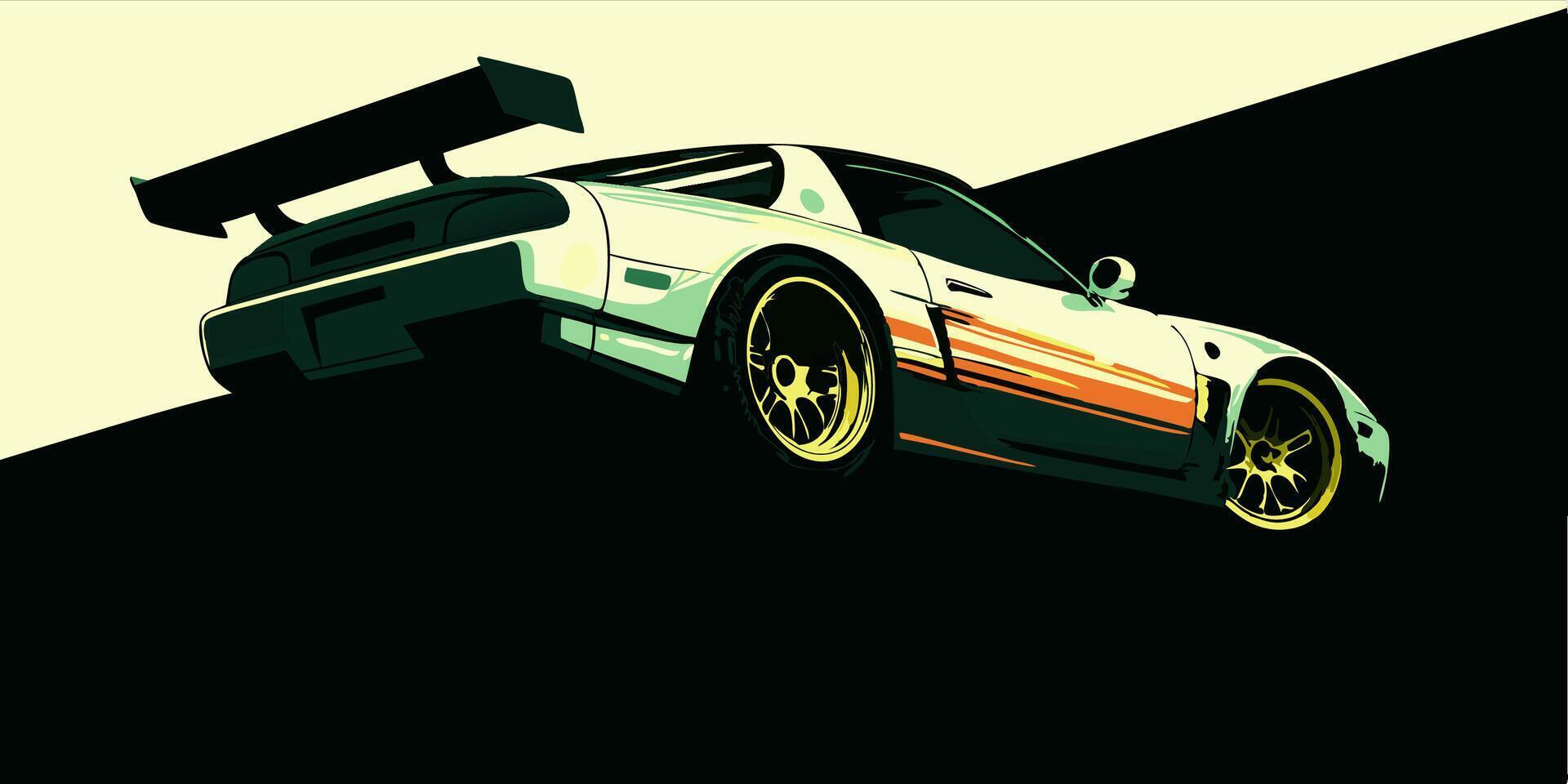 White Sports Car with Spoiler, Low Angle vector