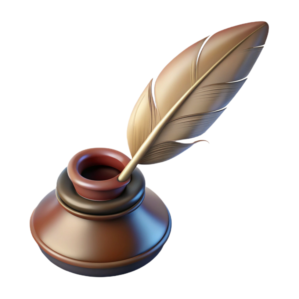 wonderful exemplary Professional render, hyper-specific, isolated cutout of a vintage quill pen and inkwell with Transparent Background png