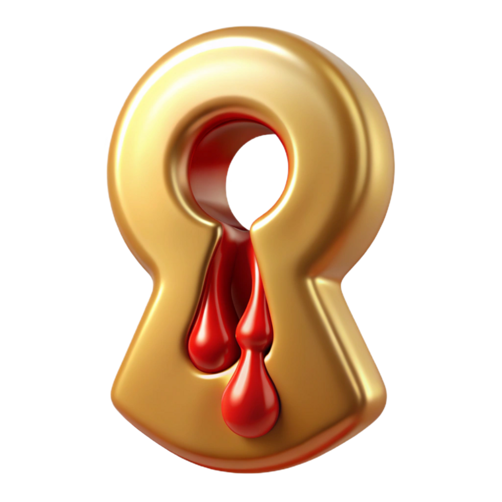 stunning whimsical avant-garde Ultra-detailed, photorealistic isolated cutout of a single, floating, keyhole made of solid gold and dripping with blood with Transparent Background gallery standard png
