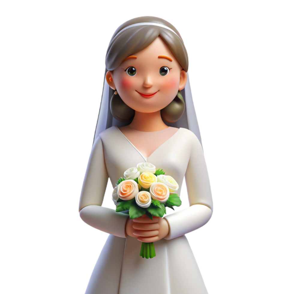 mesmerizing minimalist Bride with veil, holding bouquet, with Transparent Background 4K png