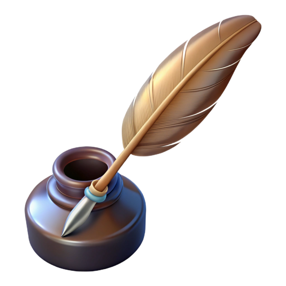 wonderful peaceful artistic A single, detailed feather pen with an inkwell with Transparent Background gallery standard png