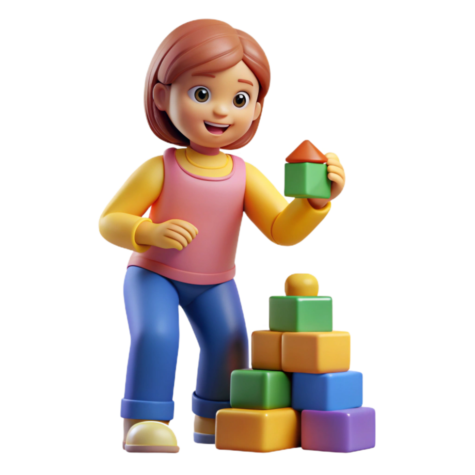 vibrant unforgettable Young girl playing with building blocks, with Transparent Background png