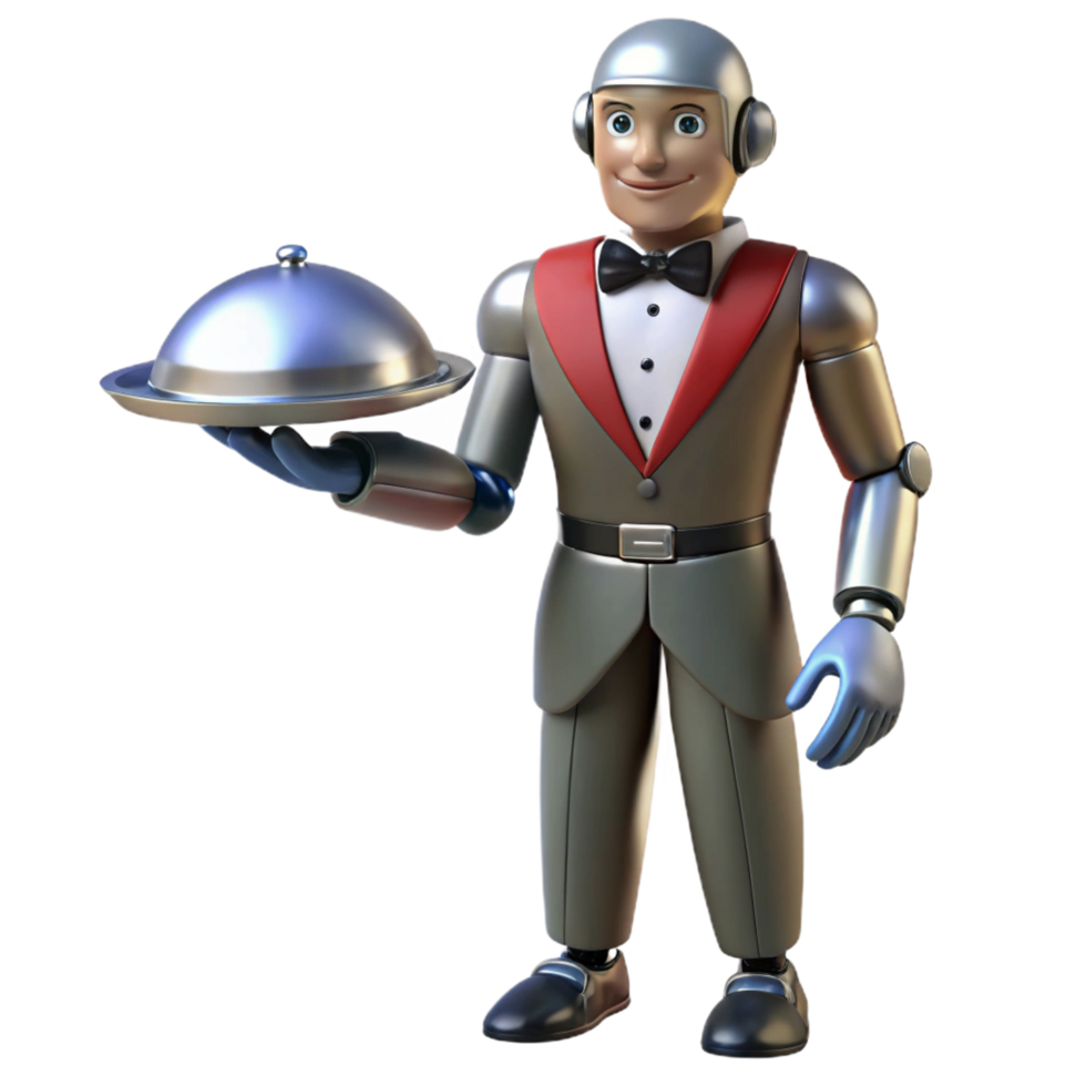 radiant mysterious baroque Concept art style, isolated cutout of a retro-futuristic robot butler with articulated limbs and a serving tray with Transparent Background sharp png