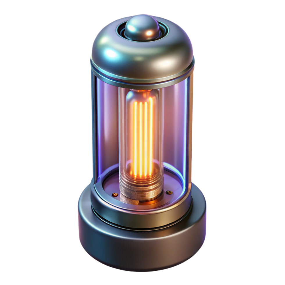 splendid remarkable Photorealistic, hyper-specific render of a single, isolated retro-futuristic vacuum tube with glowing filaments with Transparent Background png