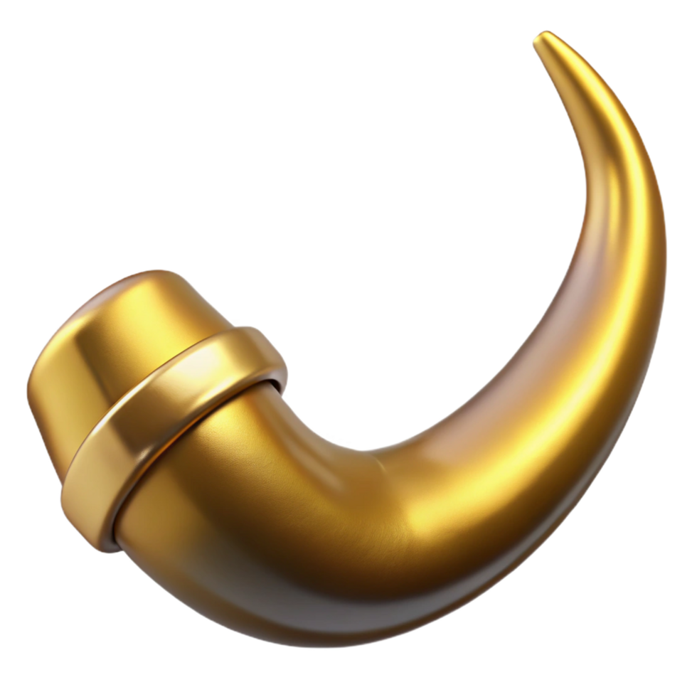 stunning dramatic victorian Photorealistic, ultra-detailed, hyper-specific professional render of a single golden Minotaur horn, isolated cutout with Transparent Background masterfully captured png