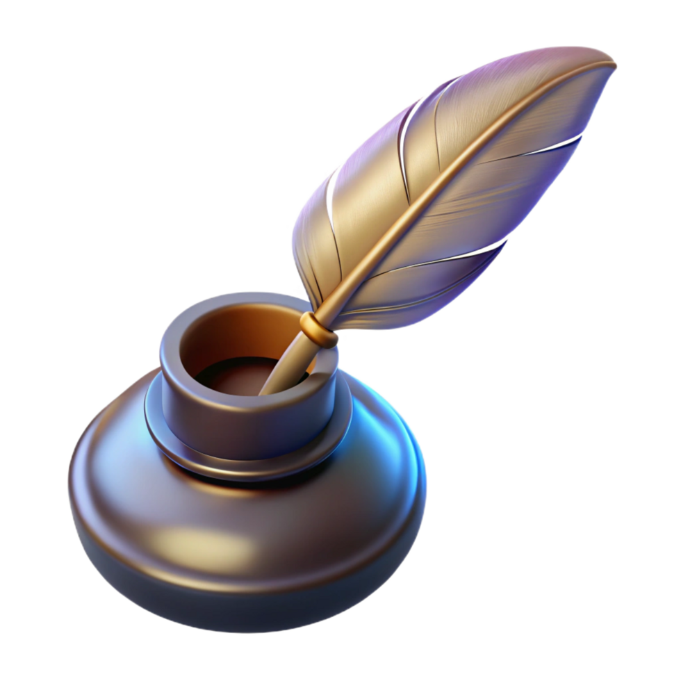 spectacular remarkable Hyper-specific, photorealistic professional render of a single, antique quill pen and inkwell, isolated cutout with Transparent Background png