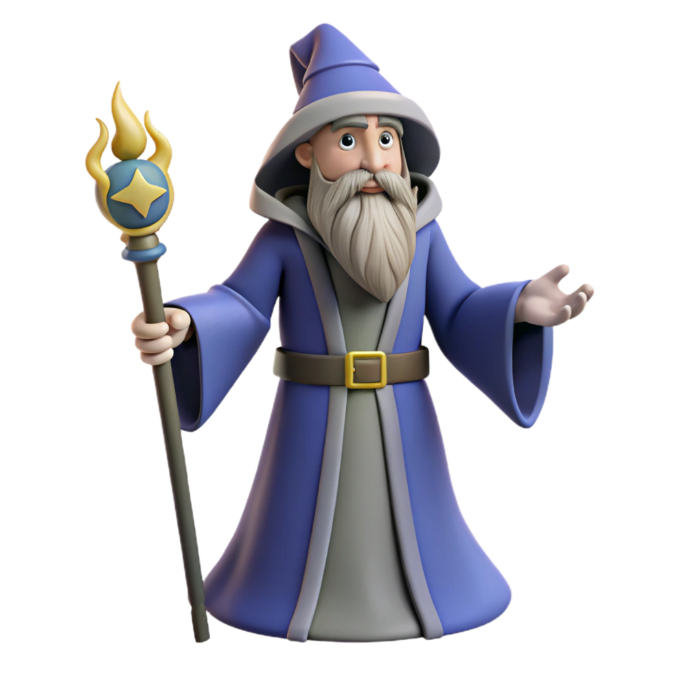 standout tropical A powerful wizard, holding a magical staff, long flowing beard with Transparent Background professional png