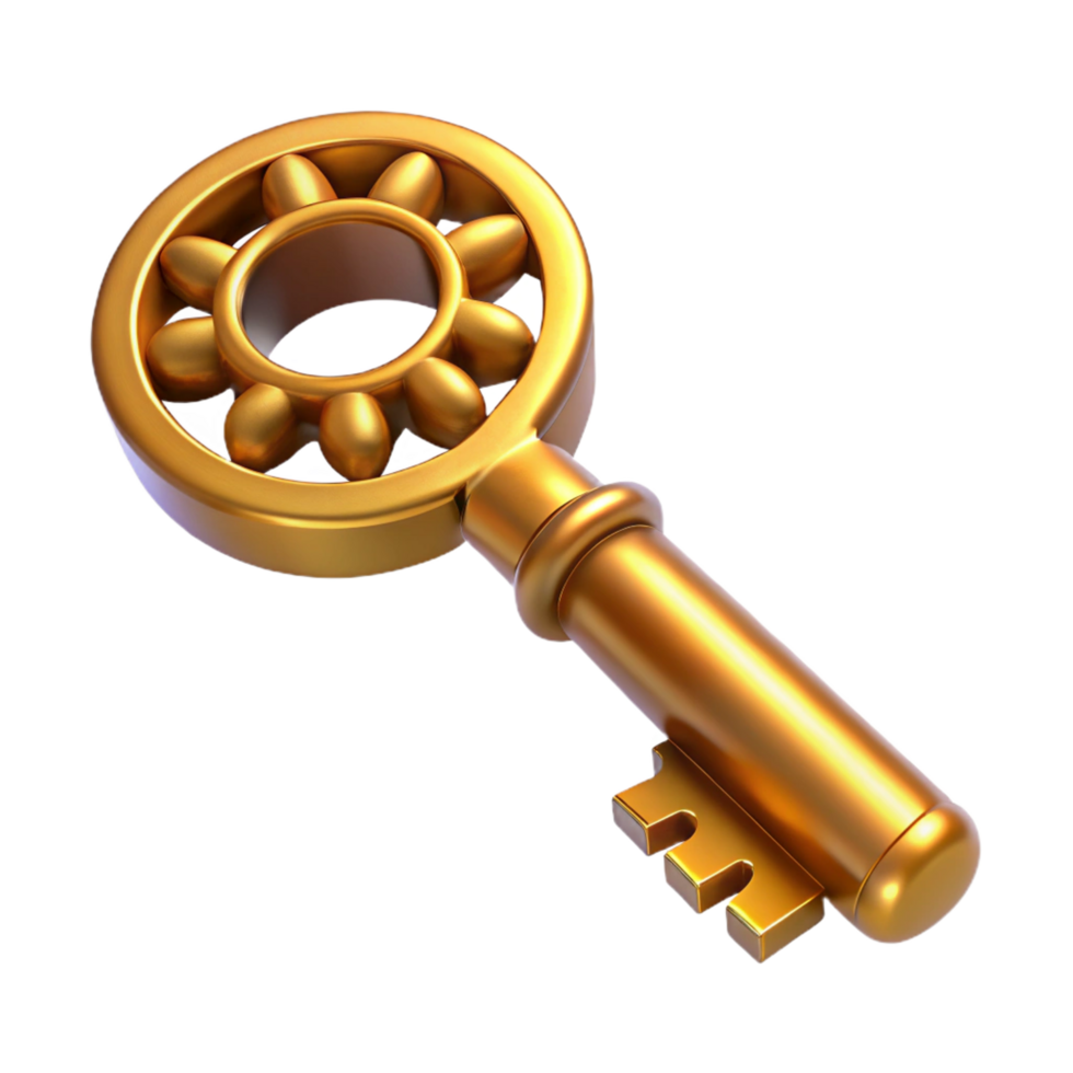 unforgettable traditional Concept art style, professional render, isolated cutout of a single, intricate clockwork key, antique, hyper-detailed with Transparent Background authentic png