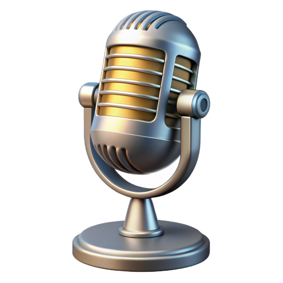 playful exquisite Hyper-specific, professional render of a single, vintage microphone, chrome finish, isolated cutout with Transparent Background masterfully captured png