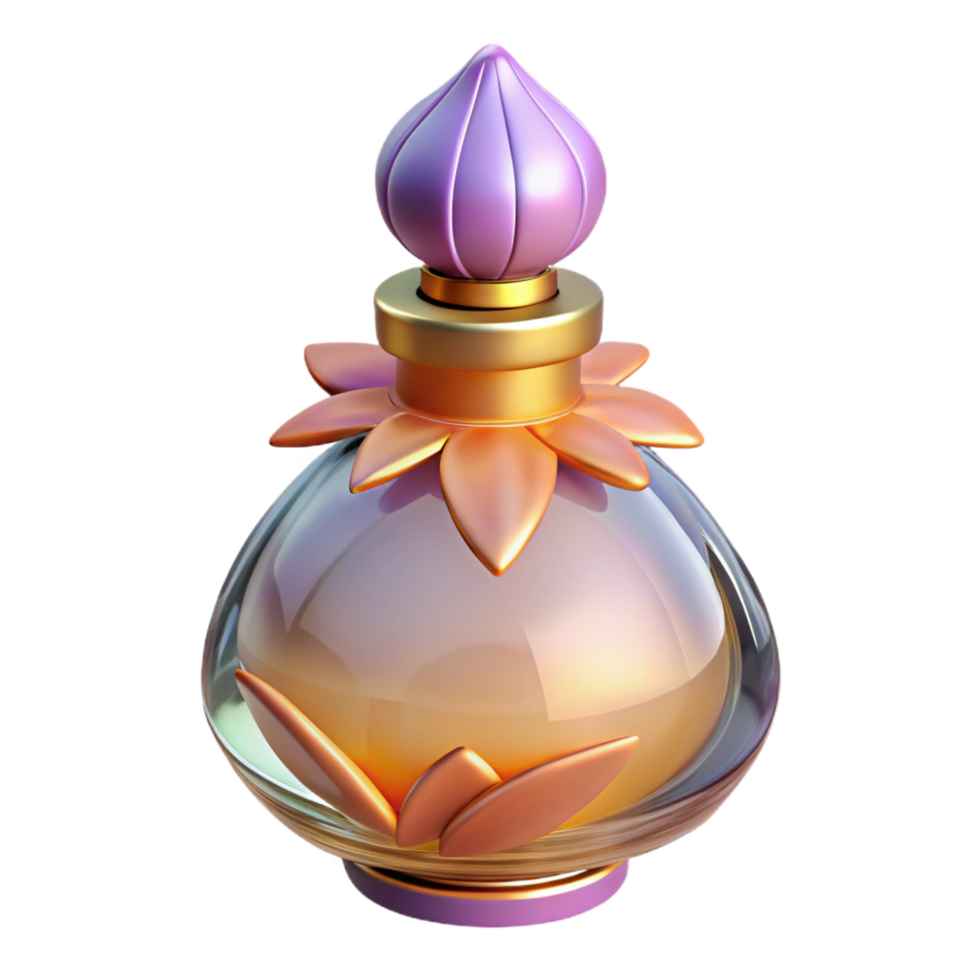 picturesque abstract Professional render, isolated cutout, hyper-specific Art Nouveau perfume bottle, delicate glass, floral stopper with Transparent Background exclusive png