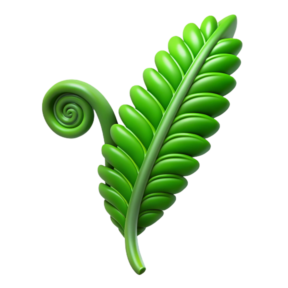passionate dazzling Hyper-specific professional render of a single, green fern frond, unfurling, with detailed individual leaves Isolated cutout with Transparent Background museum quality png