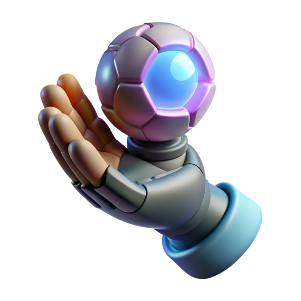 tranquil serene Concept art style, isolated cutout of a stylized, low-poly, robotic hand holding a glowing orb with Transparent Background high quality png