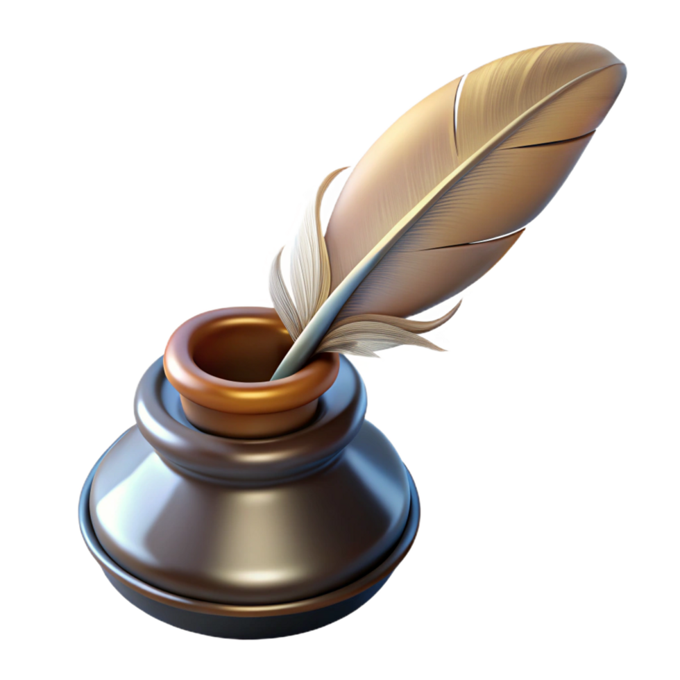 notable creative Hyper-specific, photorealistic professional render of a single, antique quill pen and inkwell, isolated cutout with Transparent Background expertly shot png