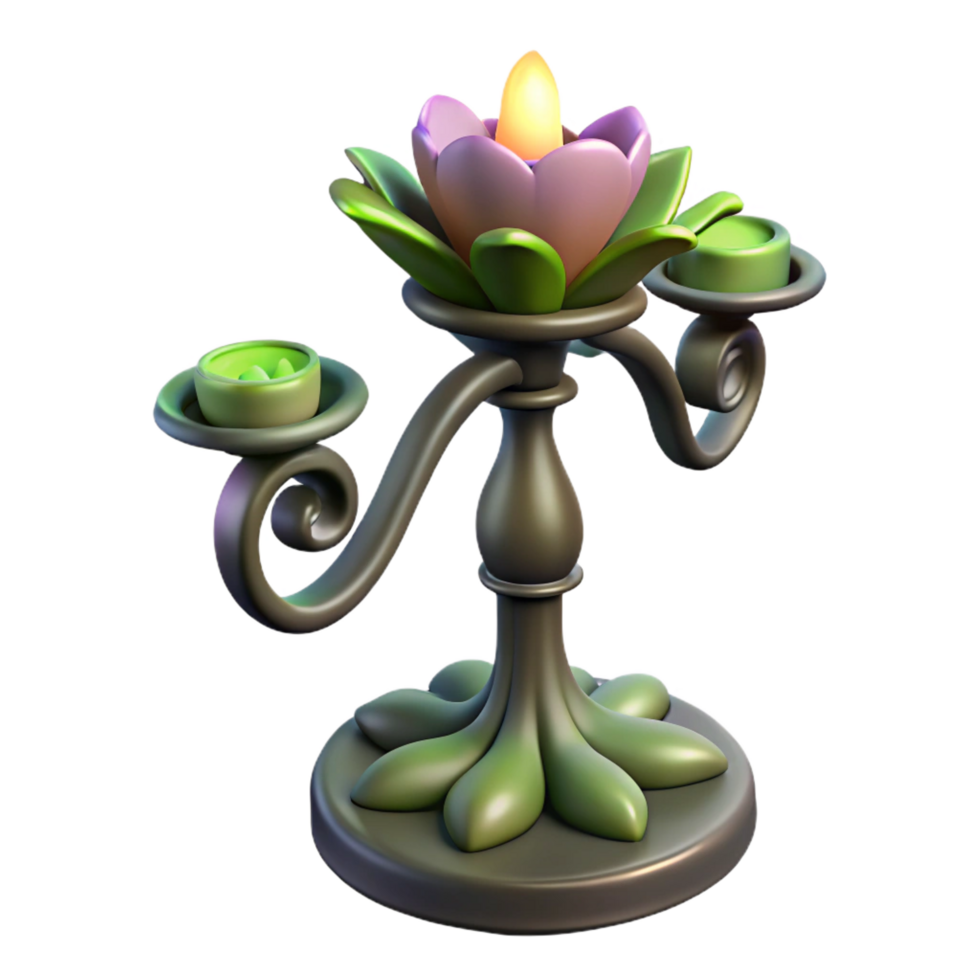 stunning quintessential Hyper-specific, isolated cutout, concept art style of an Art Nouveau candlestick holder, wrought iron, flowing lines, lily pad motif with Transparent Background png