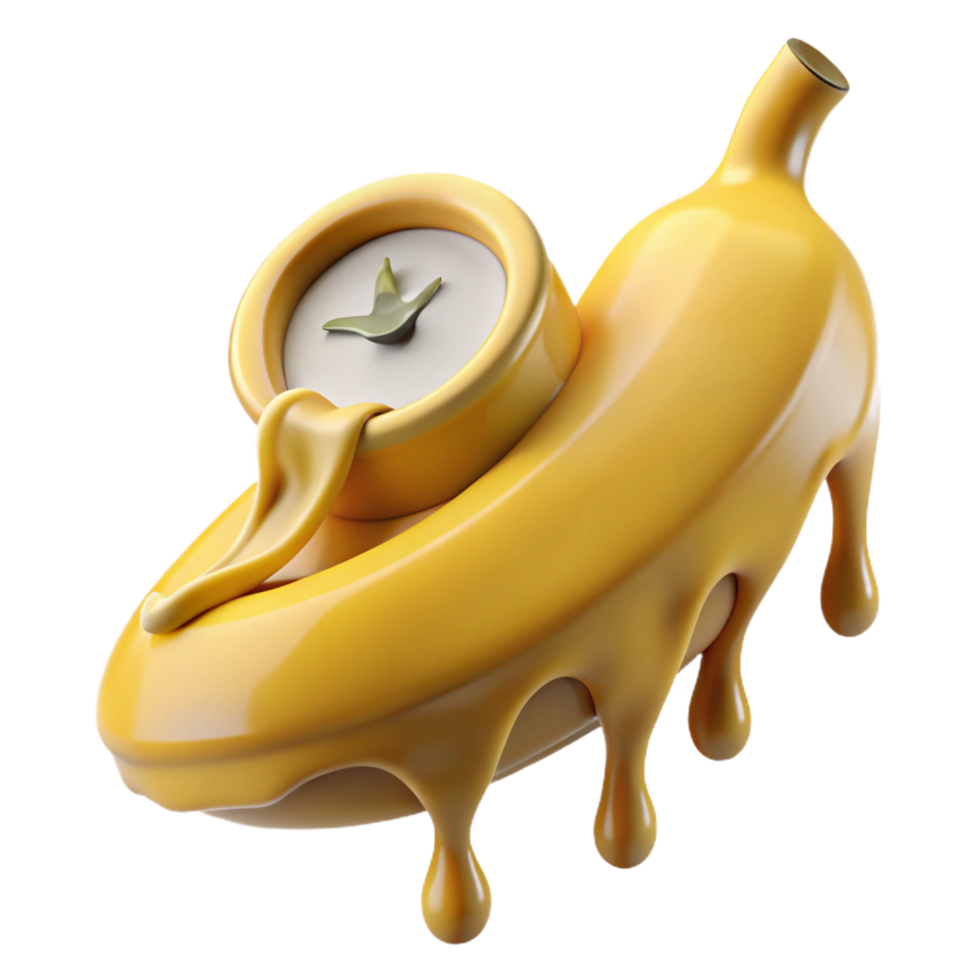 radiant distinctive Photorealistic, hyper-specific, isolated cutout of a melting clock draped over a single, ripe banana with Transparent Background png