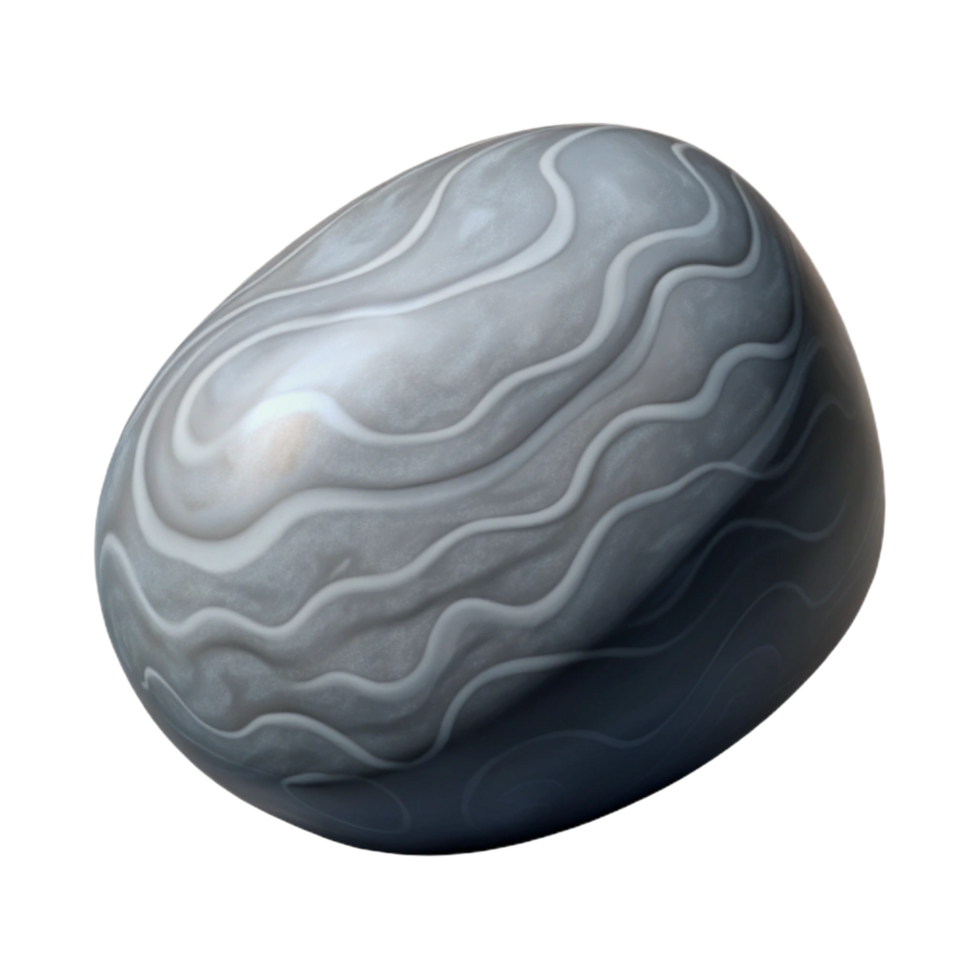 standout futuristic Concept art style, isolated cutout of a single, polished river stone with intricate gray and white marbling with Transparent Background flawless png
