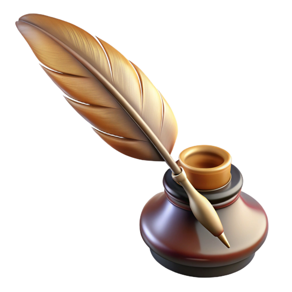 sumptuous bold bohemian Professional render, hyper-specific, isolated cutout of a vintage quill pen and inkwell with Transparent Background professional png