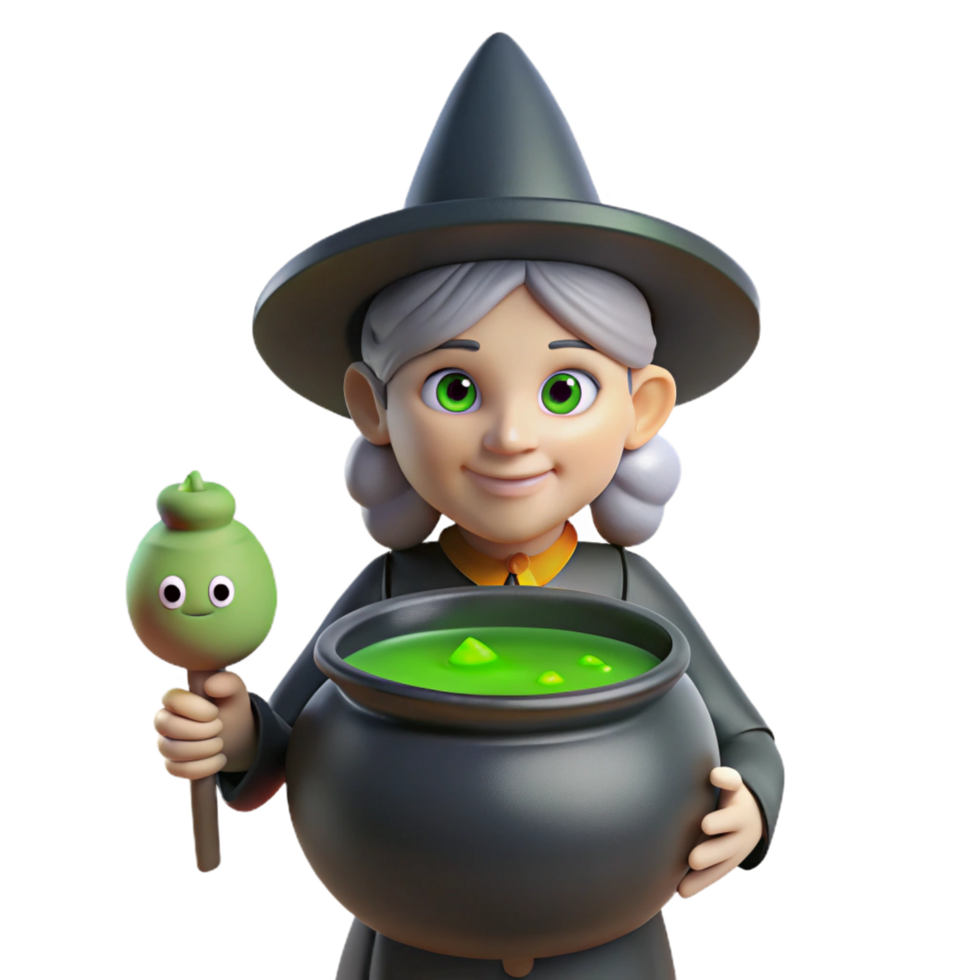 striking timeless A stylized, cartoon witch, holding a bubbling cauldron cauldron not visible with Transparent Background png