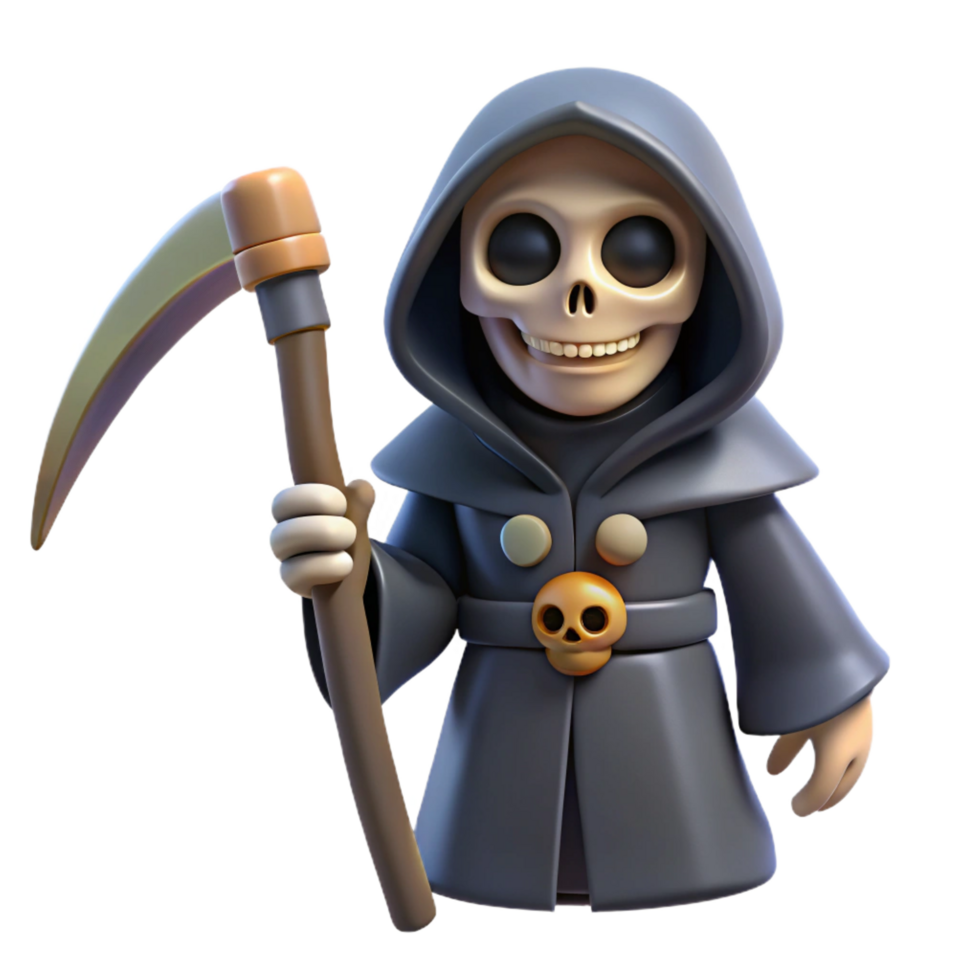 radiant distinguished A spooky skeleton, holding a scythe with Transparent Background png