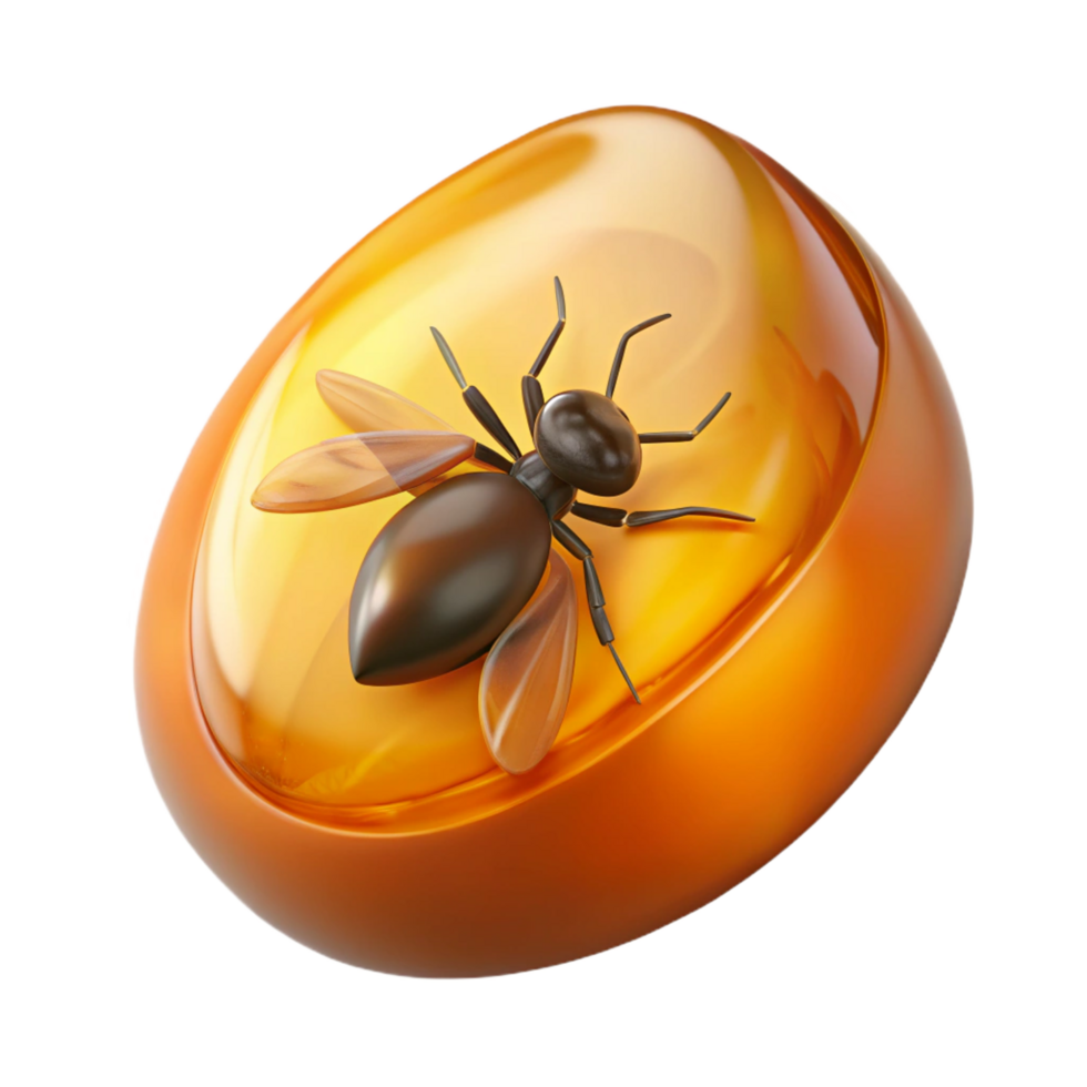 hypnotic ethereal tropical Concept art style, isolated cutout of a single, polished amber gemstone with trapped insect inside with Transparent Background fine detail png