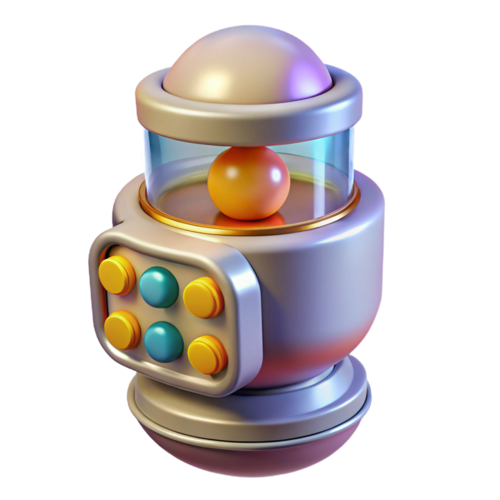 standout renaissance Professional render, hyper-specific, isolated cutout of a retro-futuristic food pill dispenser with a chrome finish and illuminated buttons with Transparent Background elite png