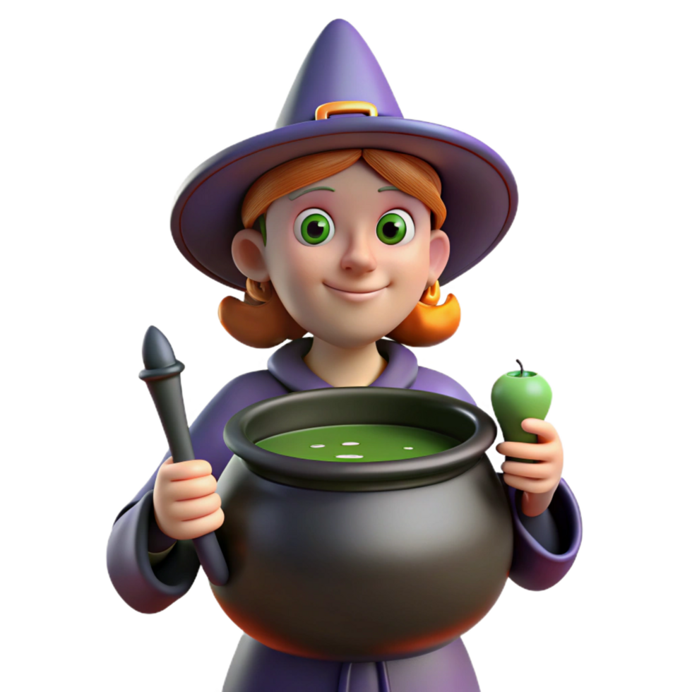 signature artistic A stylized, cartoon witch, holding a bubbling cauldron cauldron not visible with Transparent Background artisan png