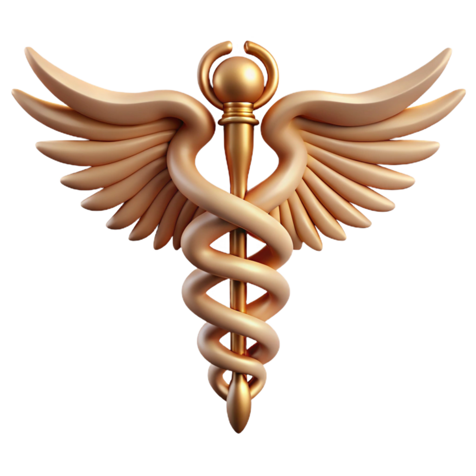 serene nostalgic creative Hyper-specific, isolated cutout Photorealistic render Single Hermes Caduceus, entwined snakes, wings detailed with Transparent Background sharp png