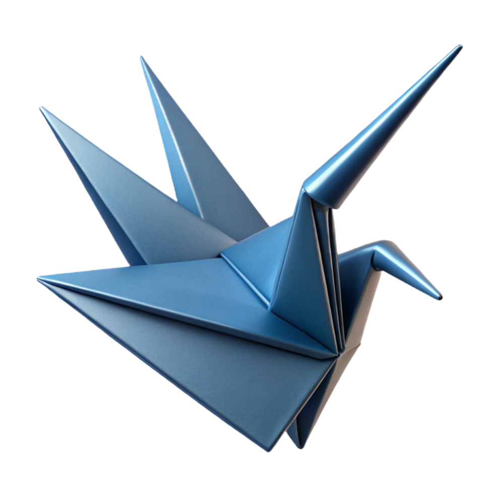 pristine melancholic impressionist Hyper-specific professional render of an isolated, floating, origami-folded paper crane made of textured fabric Isolated cutout with Transparent Background exclusive png