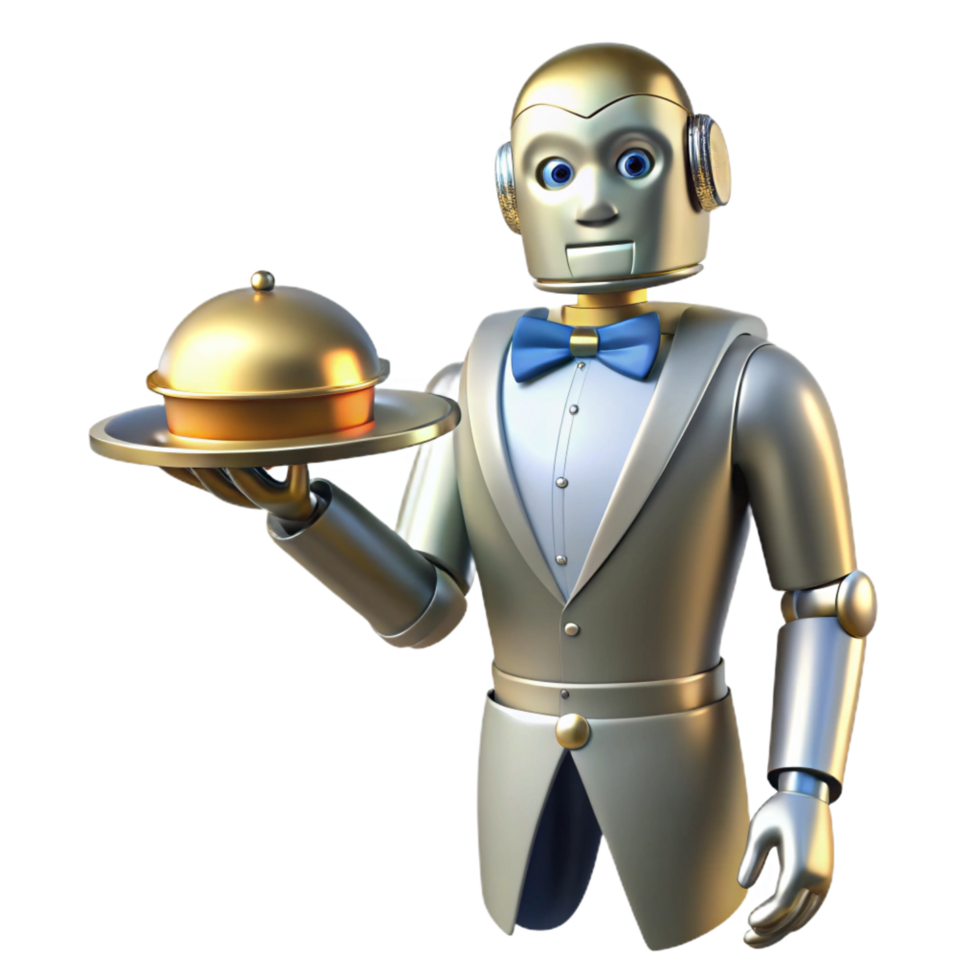 magnificent distinctive Professional render, photorealistic, isolated cutout A silver and gold Art Deco robot butler holding a serving tray with Transparent Background png